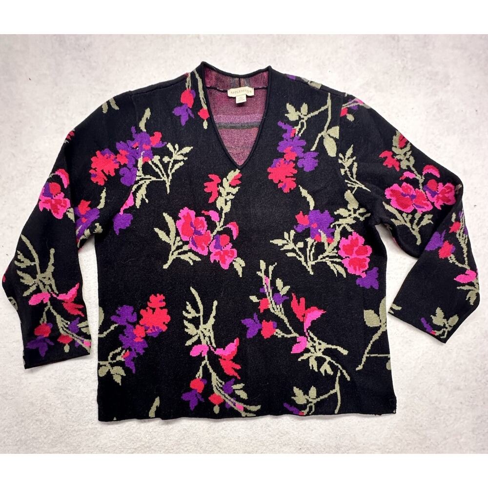 Appleseeds Women XL Sweater Graphic Floral Narrow V Neck Viscose Bright Soft
